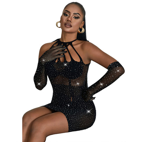 Subblime - 952235 Fishnet Dress With RhinestOnes Black one Size