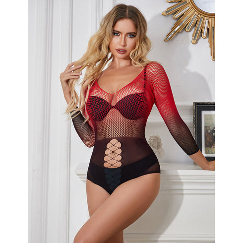 Subblime - 952259 Red And Black Gradient Long Sleeve Elastic Fishnet Dress One Size
