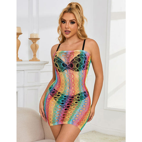 Subblime - 952365 Rainbow Bare Shoulder Fishnet Dress One Size