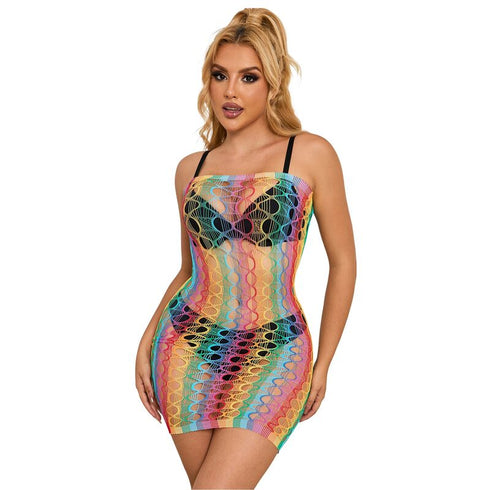 Subblime - 952365 Rainbow Bare Shoulder Fishnet Dress One Size