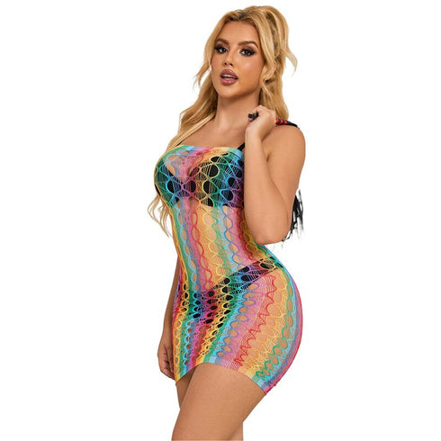 Subblime - 952365 Rainbow Bare Shoulder Fishnet Dress One Size