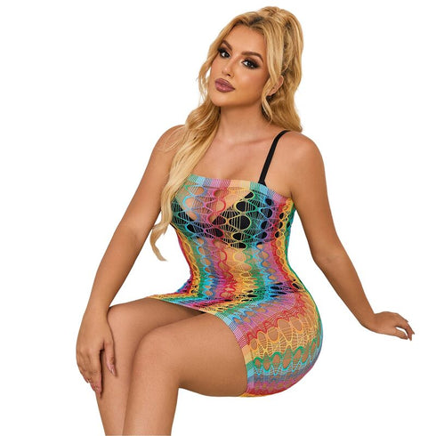 Subblime - 952365 Rainbow Bare Shoulder Fishnet Dress One Size