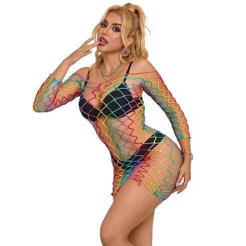Subblime - 952426 Rainbow Long Sleeve Fishnet Dress One Size