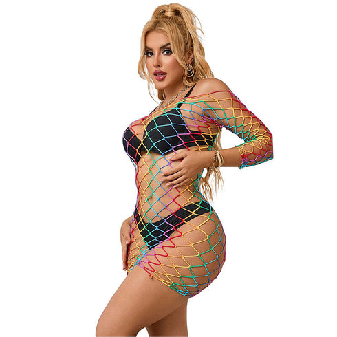 Subblime - 952426 Rainbow Long Sleeve Fishnet Dress One Size