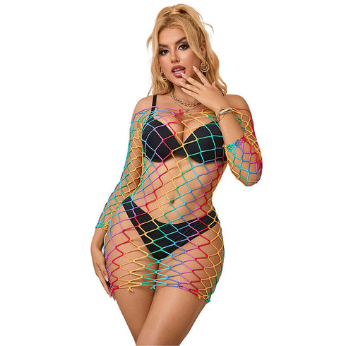 Subblime - 952426 Rainbow Long Sleeve Fishnet Dress One Size