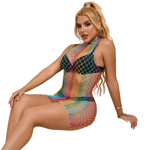 Subblime - 952433 Rainbow High Neck Sleeveless Fishnet Dress One Size