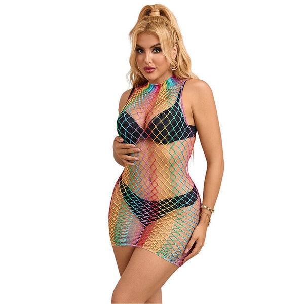 Subblime - 952433 Rainbow High Neck Sleeveless Fishnet Dress One Size